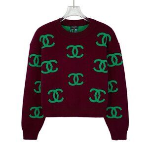 Chanel Deep red cashmere crewneck long-sleeve knit sweater